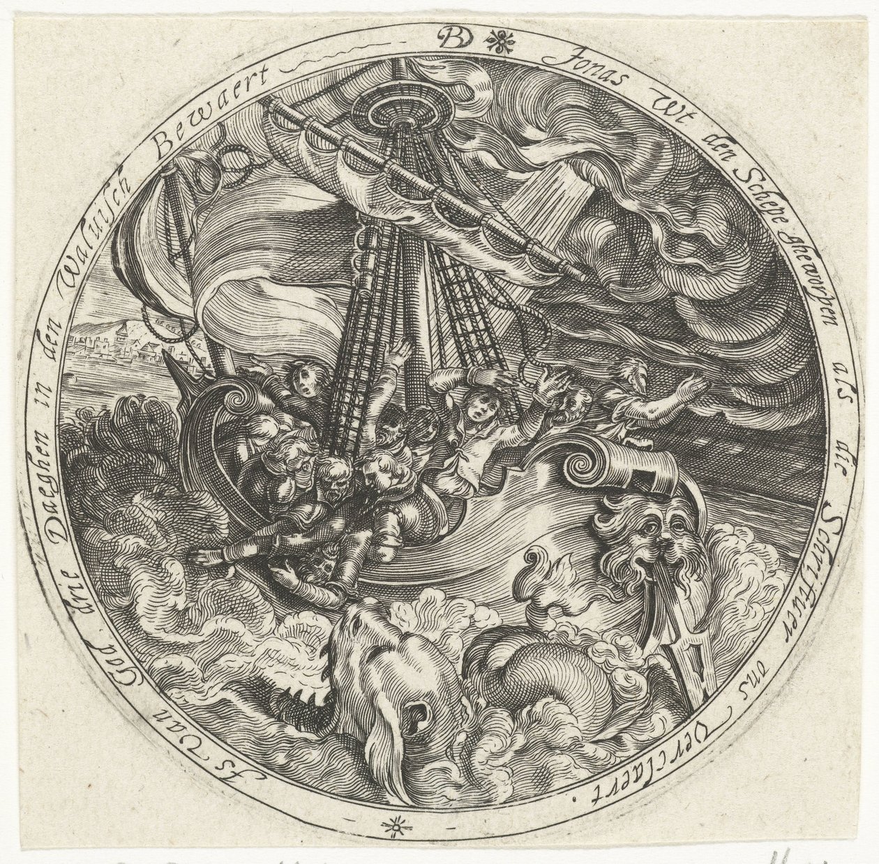 Jonah bliver smidt over bord af sømændene af Bartholomeus Willemsz. Dolendo