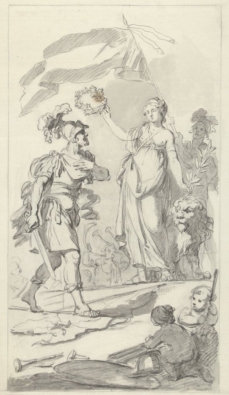 Den modige Batavian kronet af den hollandske jomfru, 1799 Design til monumentet ved den nationale festival, der fejrer freden den 17. december 1799 (serietitel) af Bartholomeus Ziesenis