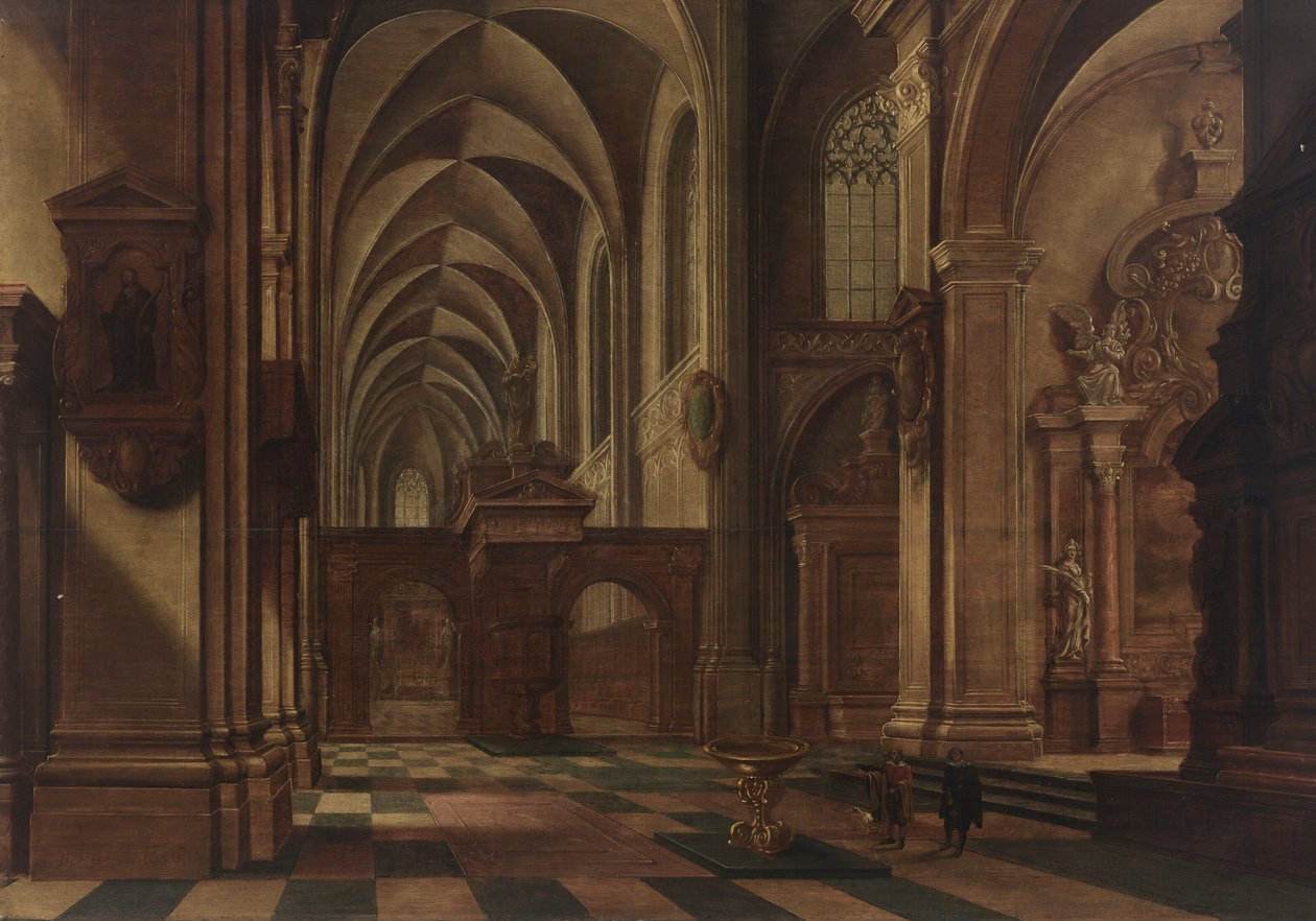 Et katolsk kirkeinteriør med figurer og en hund ved en døbefont i forgrunden af Bartholomeus van Bassen