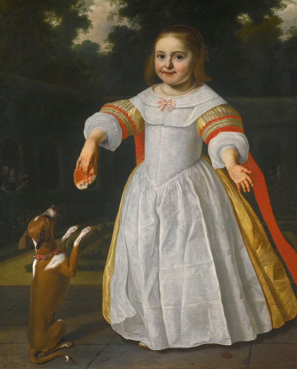Portræt af en pige med en brødbolle og en hund af Bartholomeus van der Helst