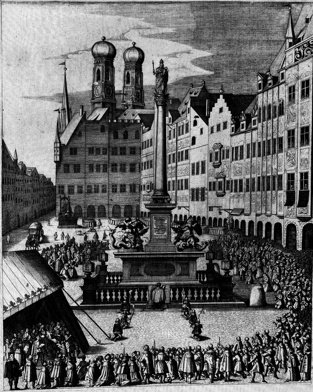 Katolsk messe på Marienplatz i München, omkring Mariasøjlen, et symbol på den kontrareformationelle Maria-kult af Bartholomäus Kilian