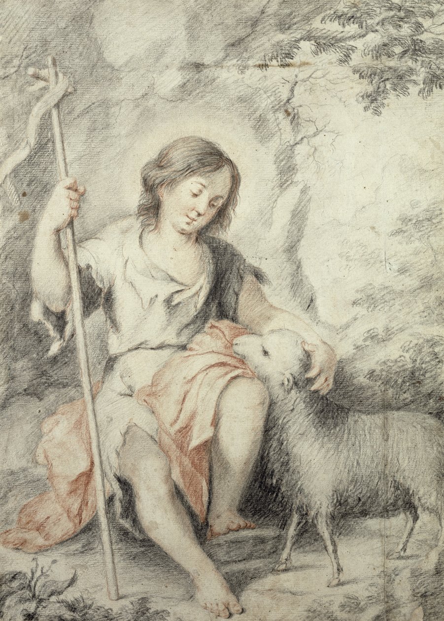 Den unge Johannes Døberen med Lammet i et klippelandskab (rødt og sort kridt på papir) af Bartolomé Esteban Murillo