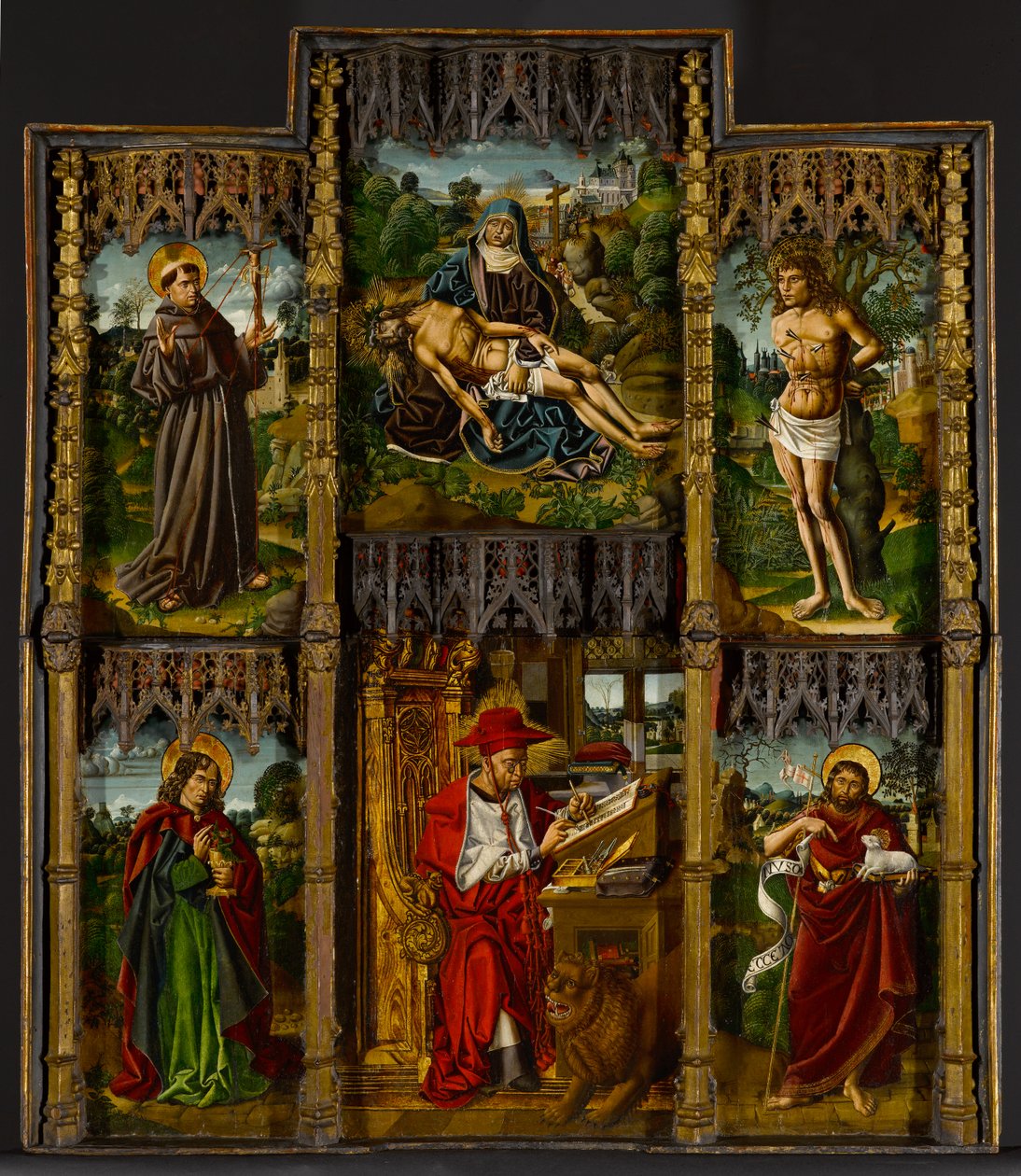 Bærbar altertavle: Pietà, Saints Francis, Sebastian, Johannes Evangelisten, Hieronymus og Johannes Døberen, ca. 1500 af Bartolomé Bermejo