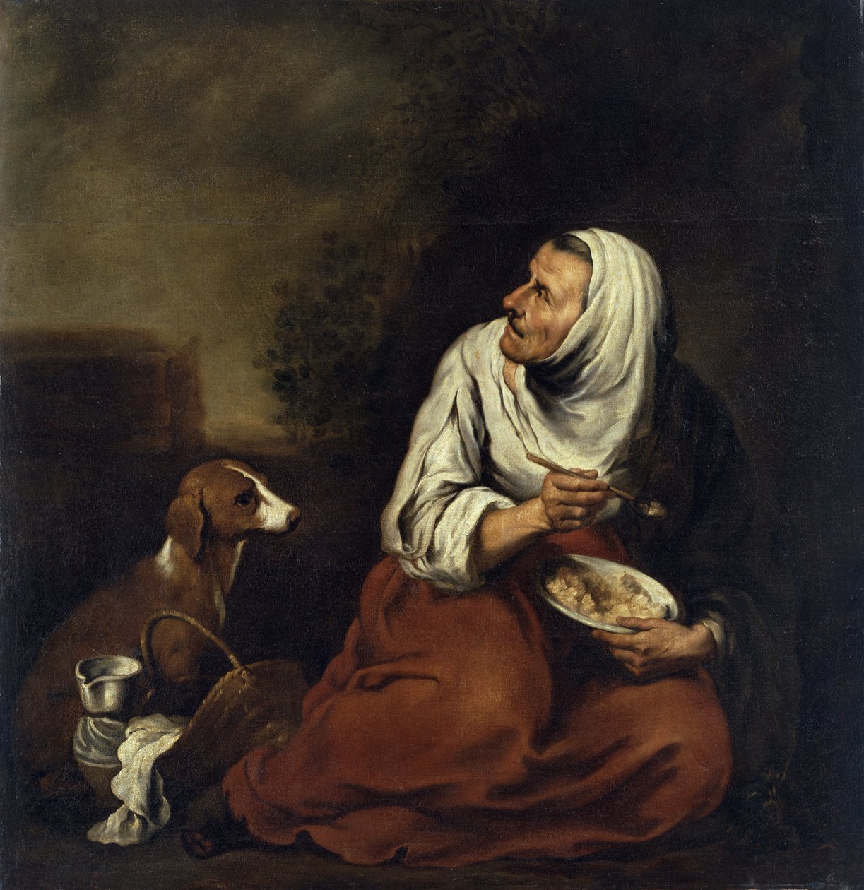 Gammel kvinde med hund af Bartolomé Esteban Murillo