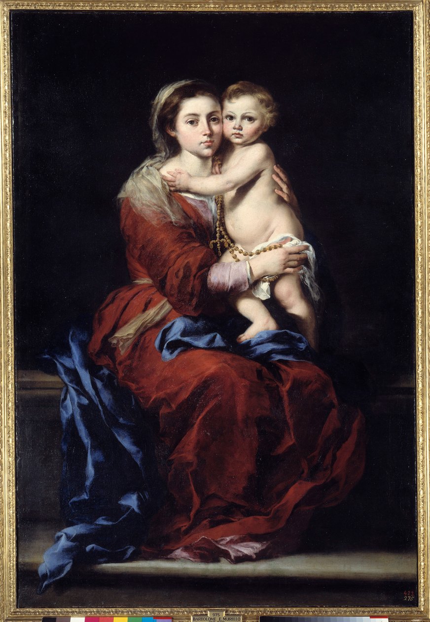 Rosenkransens jomfru. Madonna har barnet. Maleri af Bartolome Murillo (1618-1682) af Bartolomé Esteban Murillo