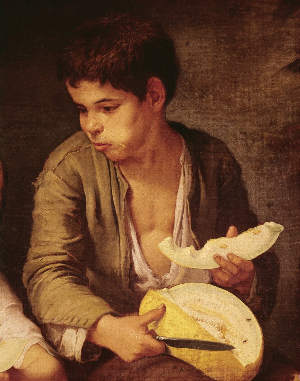 Detalje af to børn, der spiser en melon og druer, 1645-46 olie på lærred se 161023 af Bartolomé Esteban Murillo