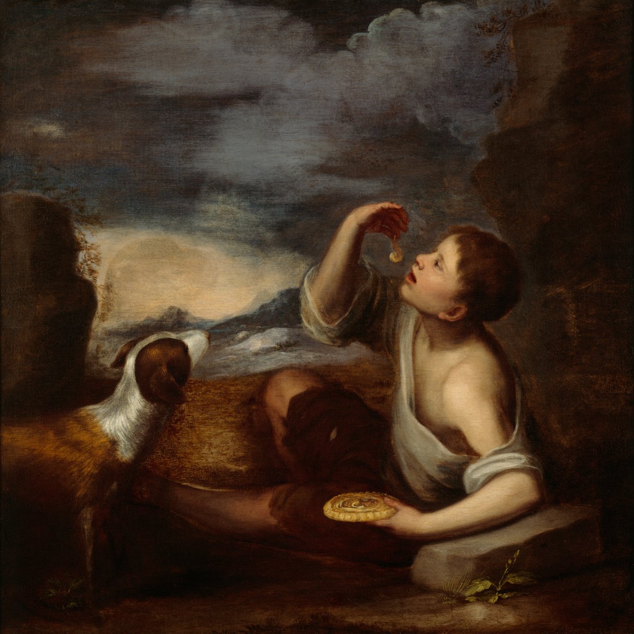 En spansk dreng og en hund (olie på lærred) af Bartolome Esteban (attr. to) Murillo