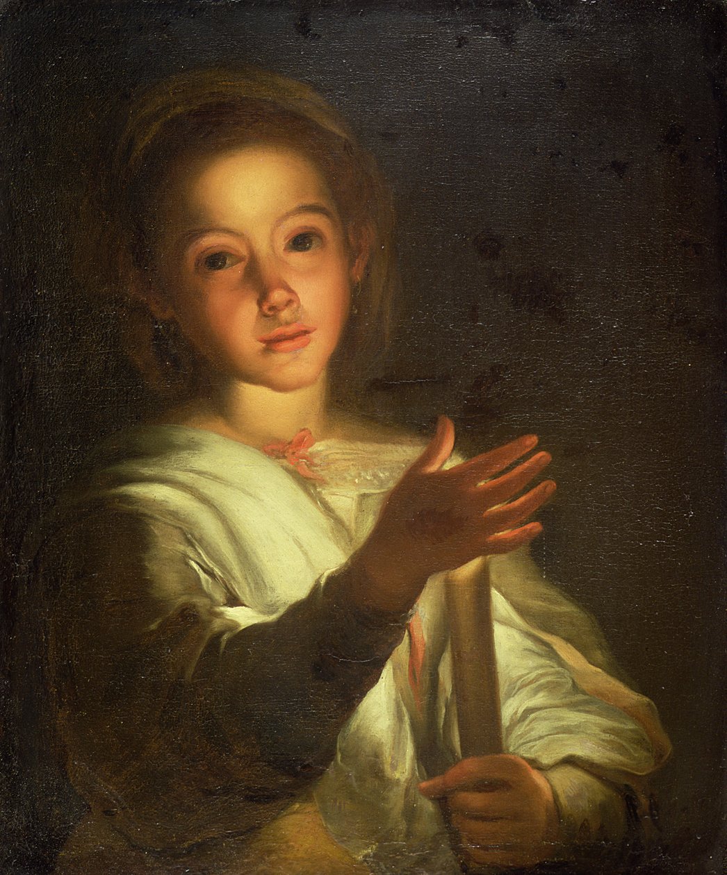 En ung pige, der skygger for et stearinlys (olie på lærred) af Bartolome Esteban (follower of) Murillo
