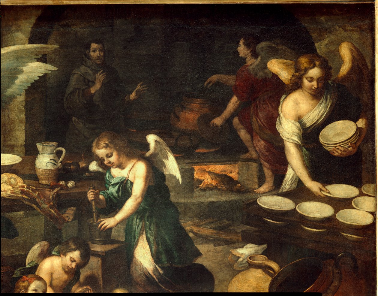 La cuisine des Anges - englenes køkken. Et af ... af Bartolome Esteban (school of) Murillo