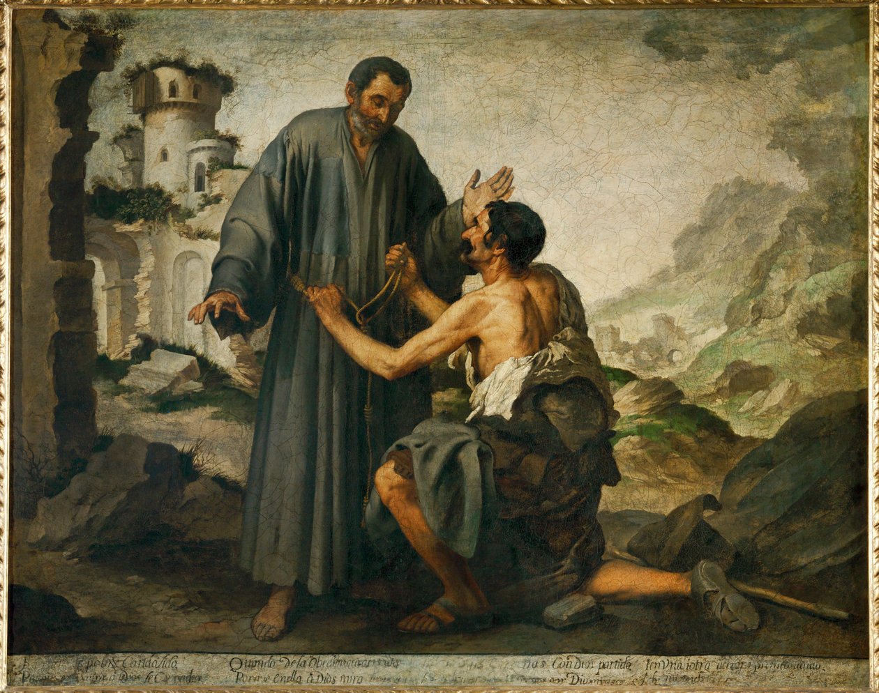 Broder Junipero og den fattige mand - ... af Bartolome Esteban (school of) Murillo