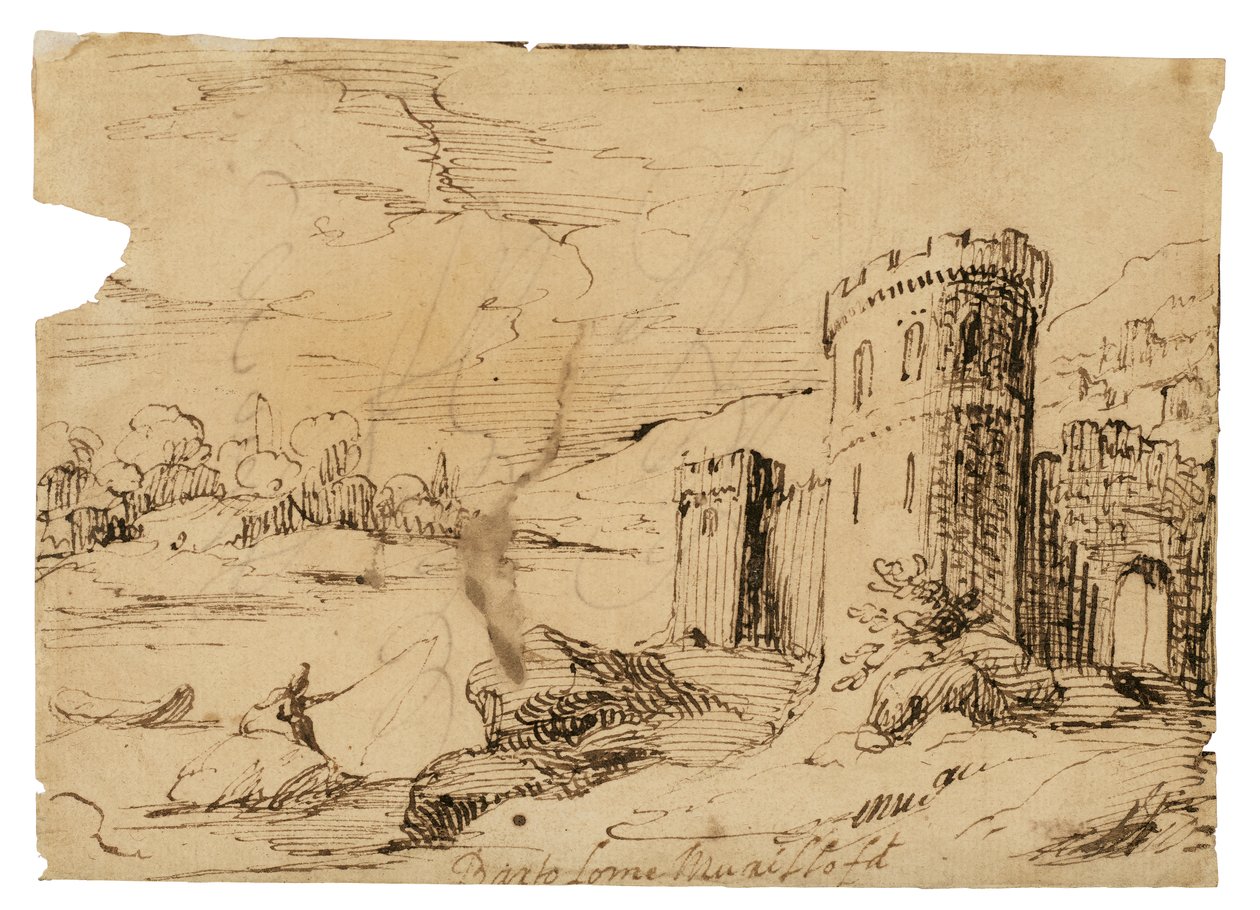 Et flodlandskab med en fisker nær et slot af Bartolomé Esteban Murillo