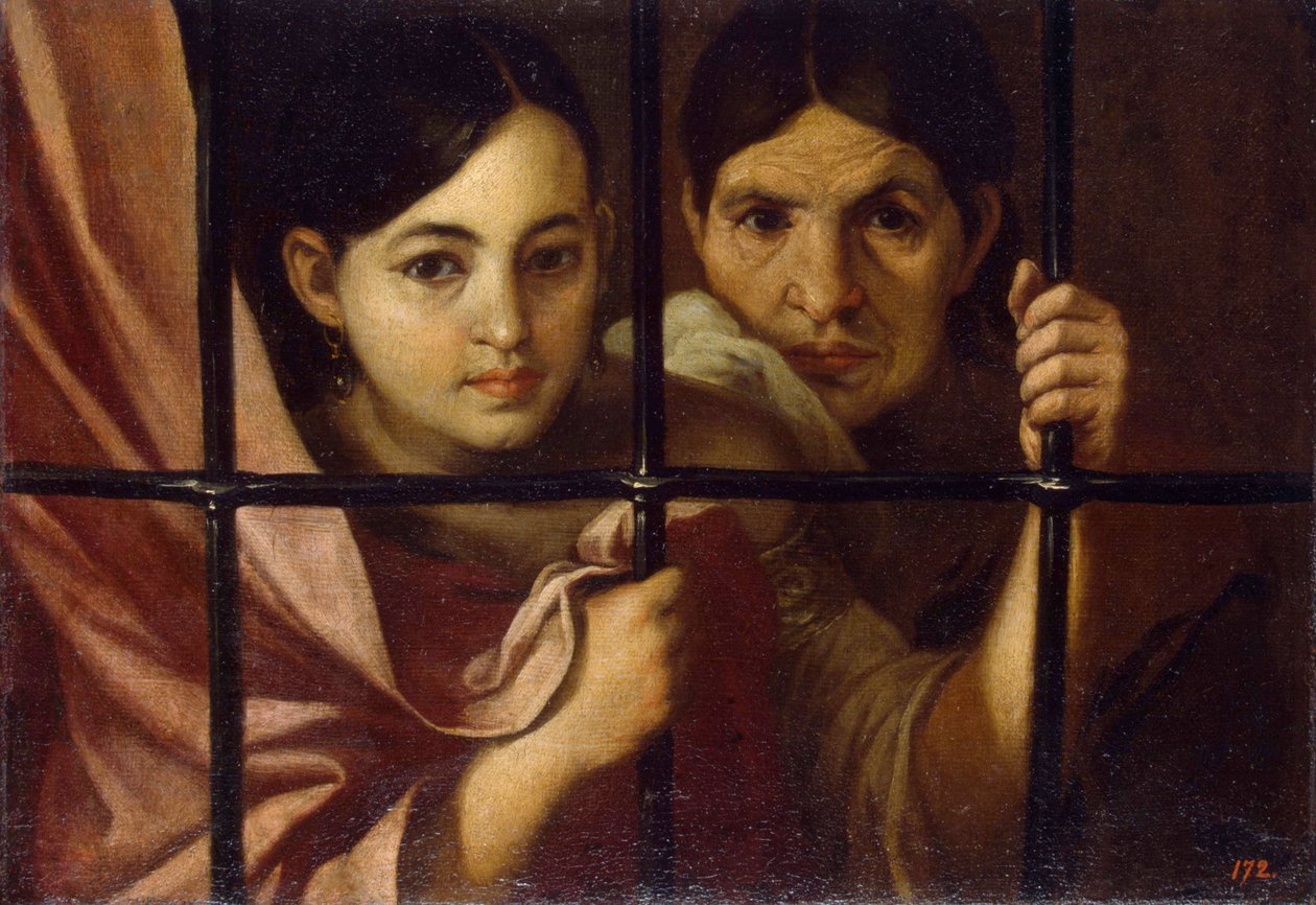 Deux femmes derriere une grille (Two Women Behind a Grille) - Maleri af Bartolome Esteban Murillo (1617-1682), olie på lærred af Bartolomé Esteban Murillo