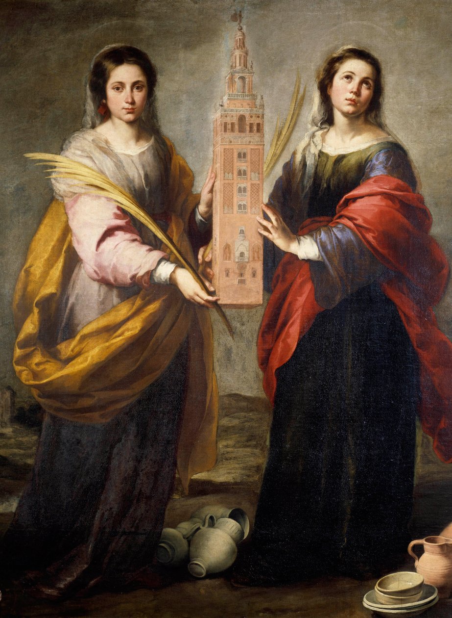 Saints Juste og Rufine (eller Ruffine) protesser af byen Sevilla, de bærer Giralda, den tidligere minaret i Den Store Moske, som er blevet fra klokketårnet i katedralen i Sevilla - Maleri af Bartolome Murillo (1618-1682) omkring 166 af Bartolomé Esteban Murillo