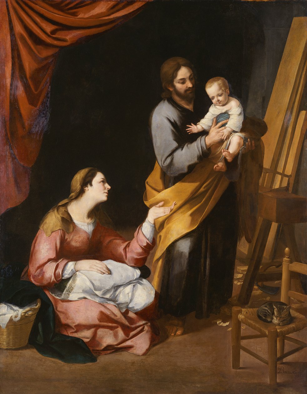 Den hellige familie i tømrerværkstedet (olie på lærred) af Bartolomé Esteban Murillo