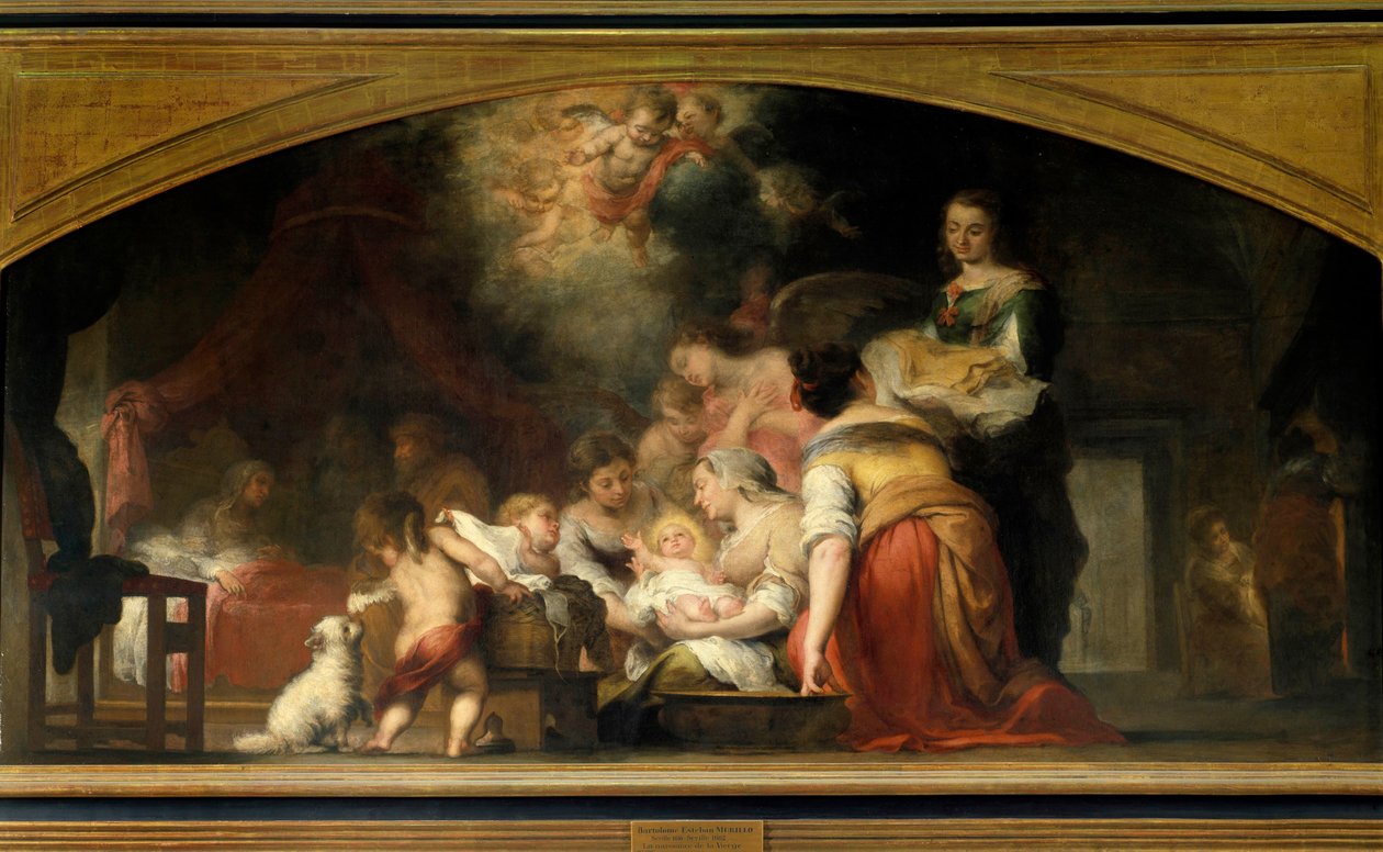 Jomfru Marias fødsel føder Maria. Maleri af Bartolome Murillo (1618-1682) 1661 søn. 1,79x3,49 m Paris, Musée du Louvre af Bartolomé Esteban Murillo