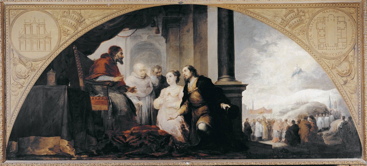 Grundlaget for Santa Maria Maggiore (basilikaen Santa Maria Maggiore). Patrician Johannes og hans kone afslørede for pave Libere (Liberius) af Rom (pave af 352-366) ledsaget af 2 gejstlige deres drøm. Maleri af Bartolome Esteban Murillo (1617-1682 af Bartolomé Esteban Murillo