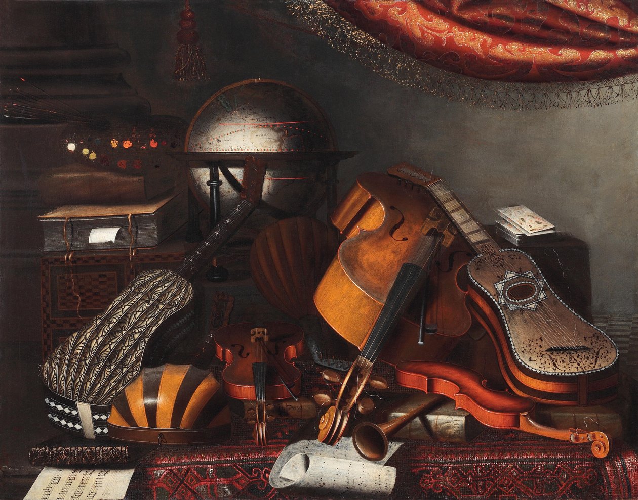 Musikinstrumenter, en globus, bøger, spillekort og en malerpalet af Bartolomeo Bettera