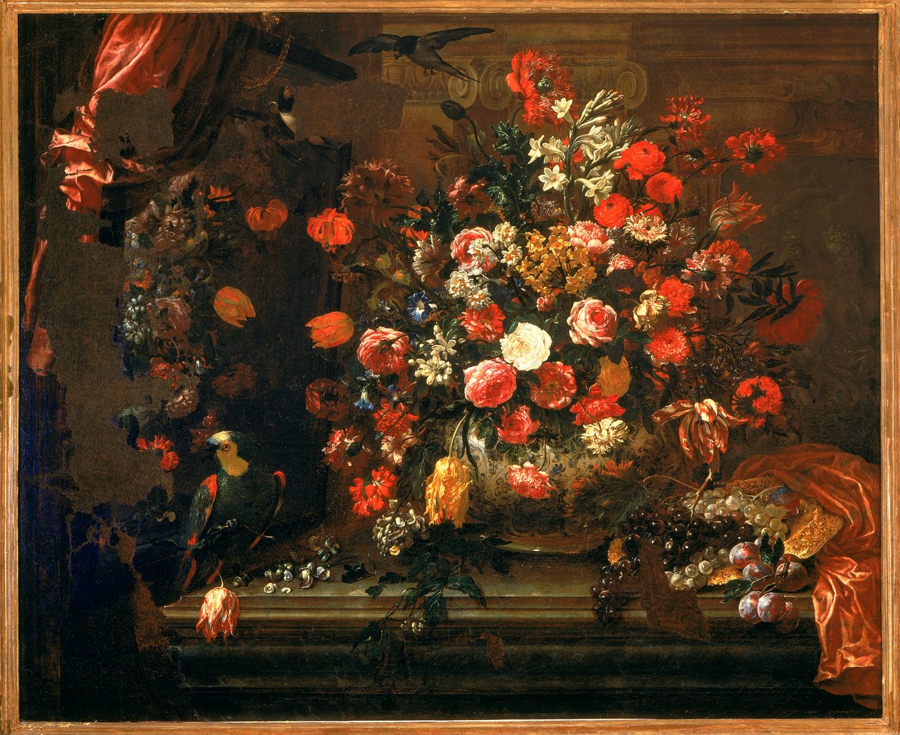 Stilleben med blomster og frugt af Bartolomeo Bimbi