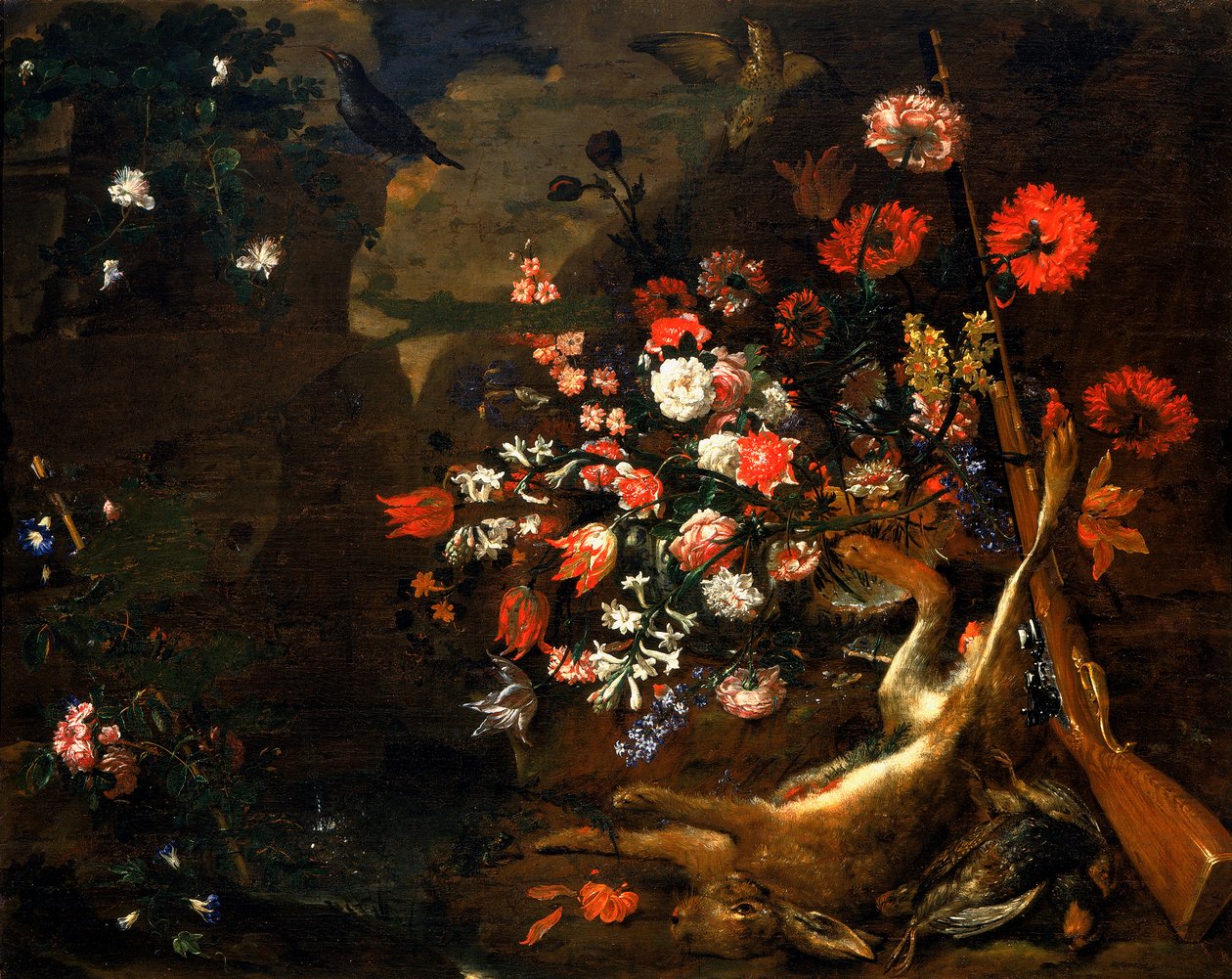 Stilleben med blomster og vildt af Bartolomeo Bimbi