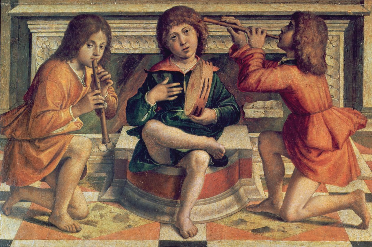 Tre englemusikere (olie på træ) af Bartolomeo Montagna