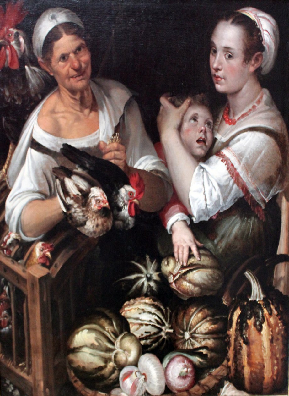 To markedskvinder og en dreng med fjerkræ og grøntsager af Bartolomeo Passarotti
