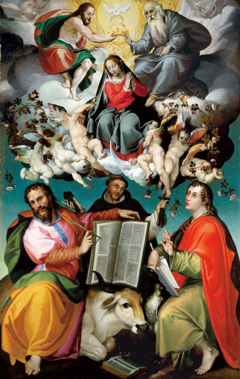 Jomfruens kroning med de hellige Luke, Dominic og Johannes Evangelisten af Bartolomeo Passarotti
