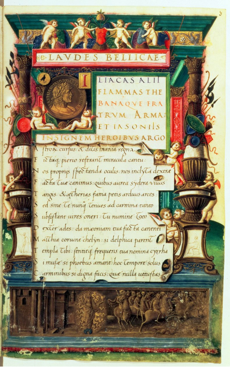 Ms 85.I.I.Aug.2, f.3r Præsentationsmanuskript til Matthias Corvinus, fra Laudes Bellicae af Alexander Cortesius, Rom, ca. 1480-90 af Bartolomeo Sanvito