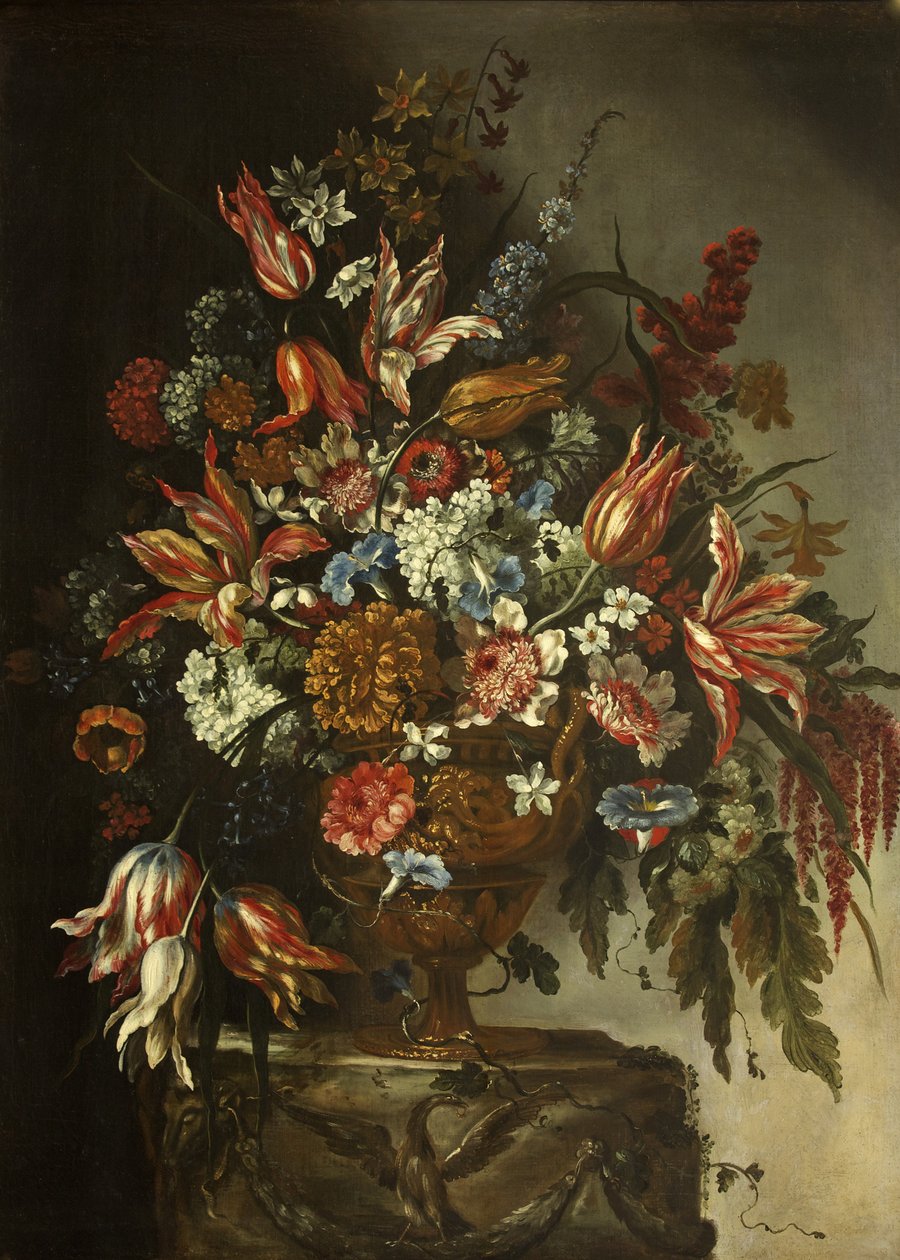 Blomsterstykke (olie på panel) af Bartolomeo (attr. to) Bimbi