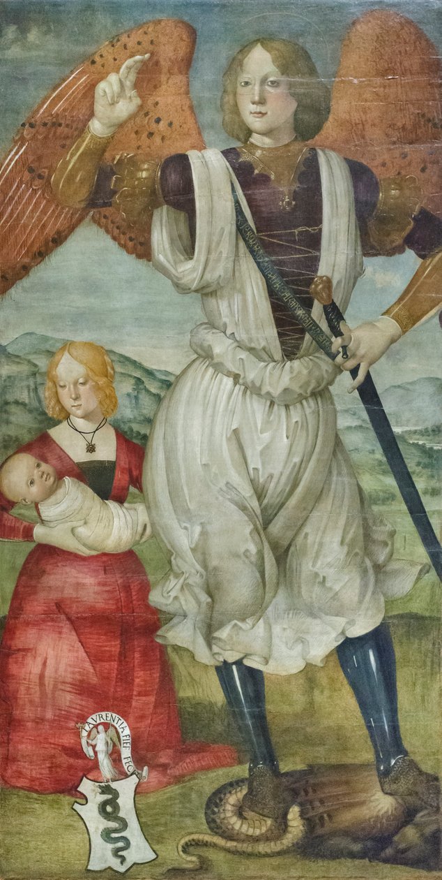 Ærkeenglen Sankt Michael med Teodora Visconti og den nyfødte søn, ca. 1486-87 (tempera på panel) af Bartolomeo (attr. to) Della Gatta