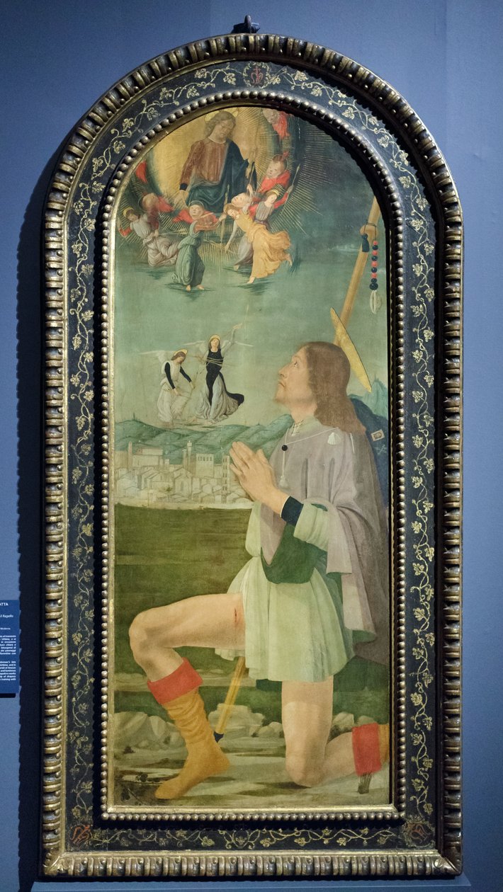 Sankt Roch driver pesten væk fra Arezzo, ca. 1479-80 (tempera på panel) af Bartolomeo (attr. to) Della Gatta