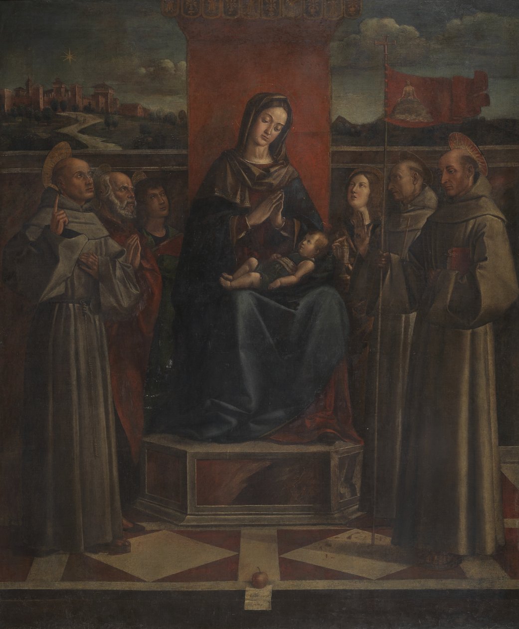 Jomfru og barn på tronen med seks hellige, ca. 1500 (olie på lærred) af Bartolomeo (attr. to) Montagna