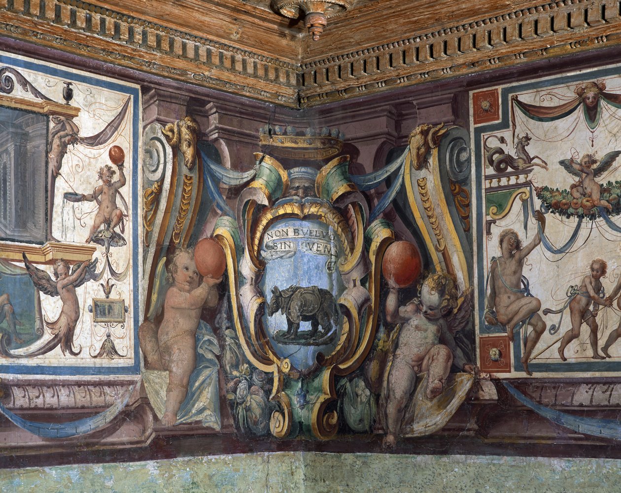 Storhertugen af Toscanas Sala del Granduca di Toscana-sal detalje af frisen, der skildrer stjernetegnene, næsehornet, fresko fra 1564-75 af Bartolomeo Ammannati