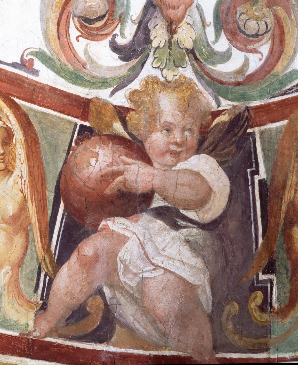 Studiolo-studiet af Francesco deMedici 1541-87 detalje af dekoration, der viser en putto, der holder en globus, 1564-75 fresco af Bartolomeo Ammannati