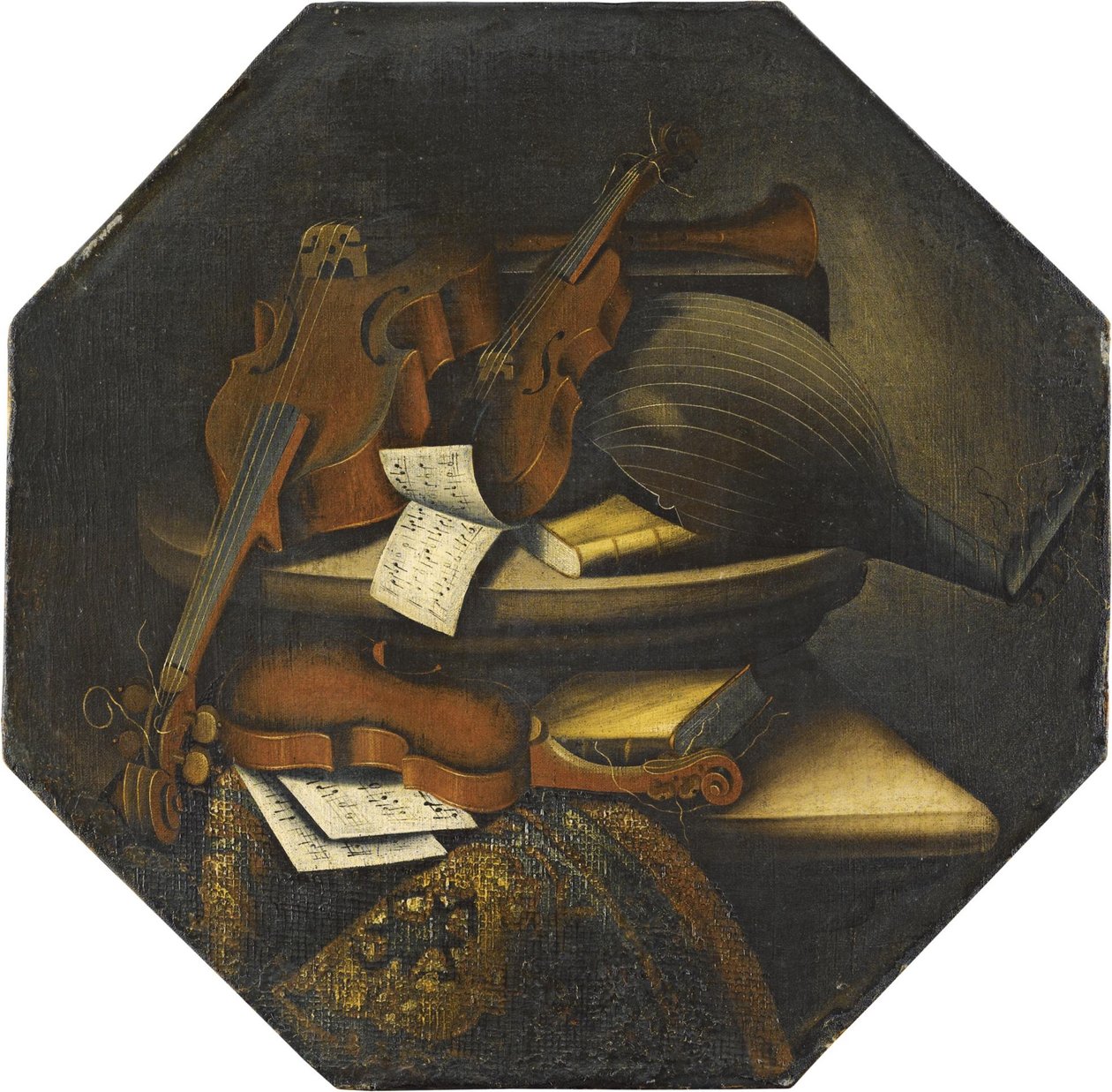 Et stilleben med en lut, en violoncello, en violin og noder over en stenkant ved siden af et tæppe af Bartolomeo Bettera