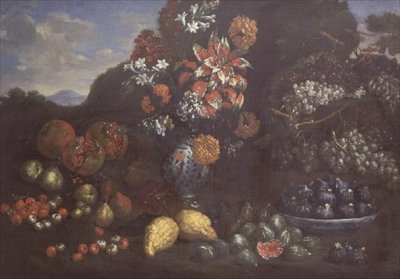 Blomster i en Maiolica-kande med frugt i et landskab af Bartolomeo Bimbi