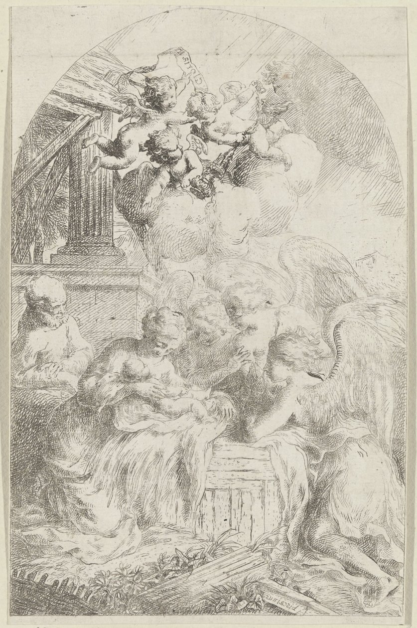 Kristusbarn tilbedt af tre engle af Bartolomeo Biscaino