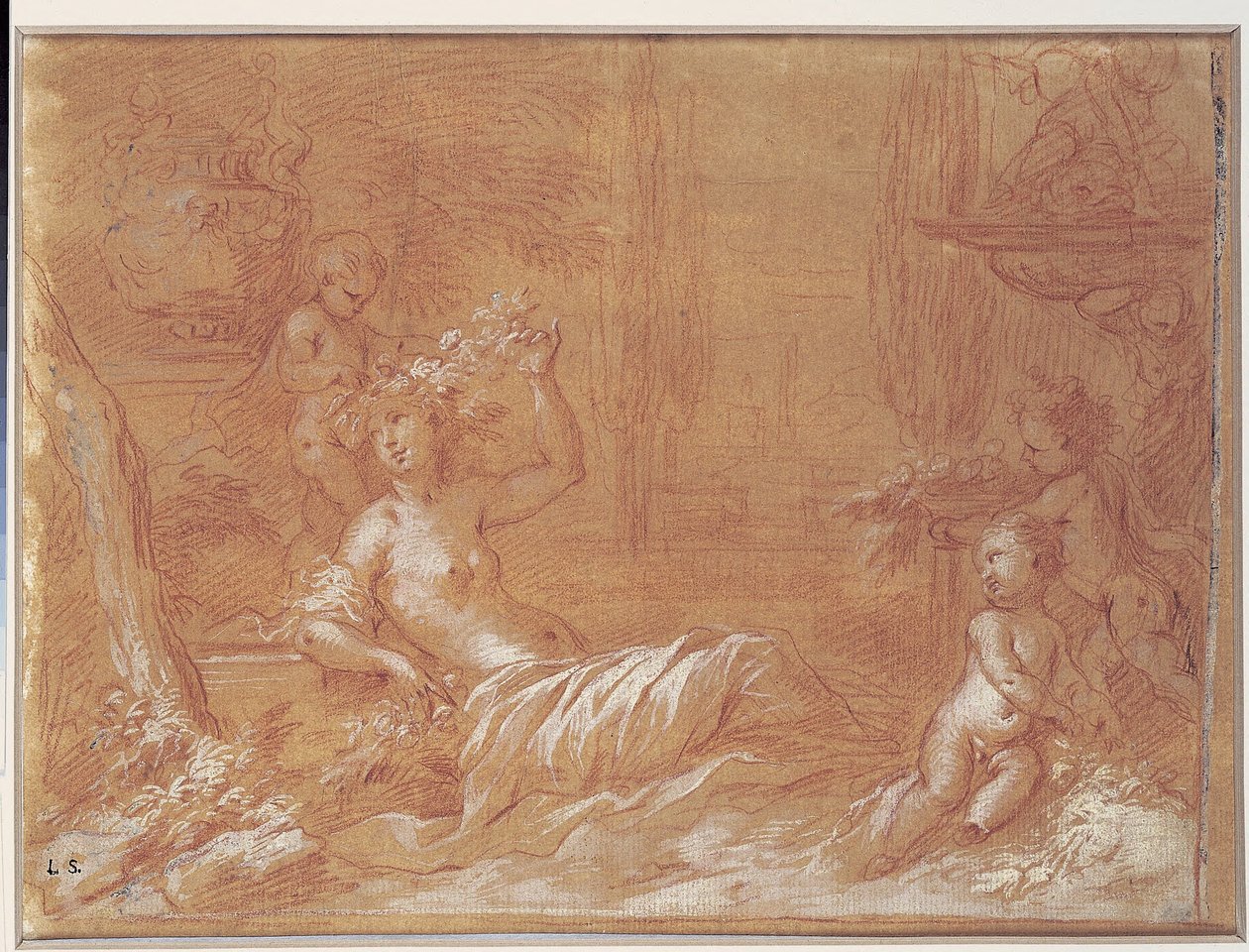 Liggende nymfe i en have med springvand, vase og tre amoriner af Bartolomeo Biscaino