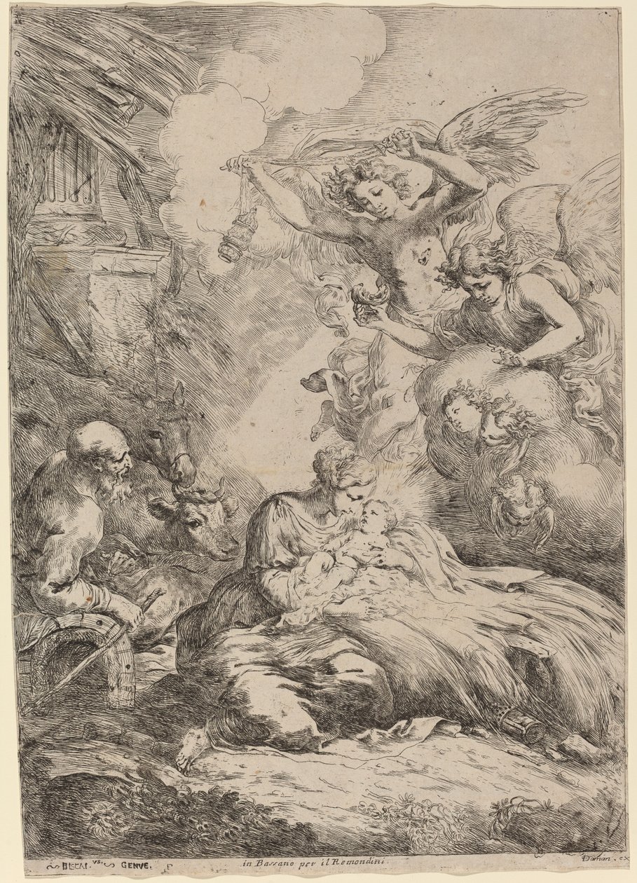 Den hellige familie tilbedt af engle (The Large Nativity) af Bartolomeo Biscaino