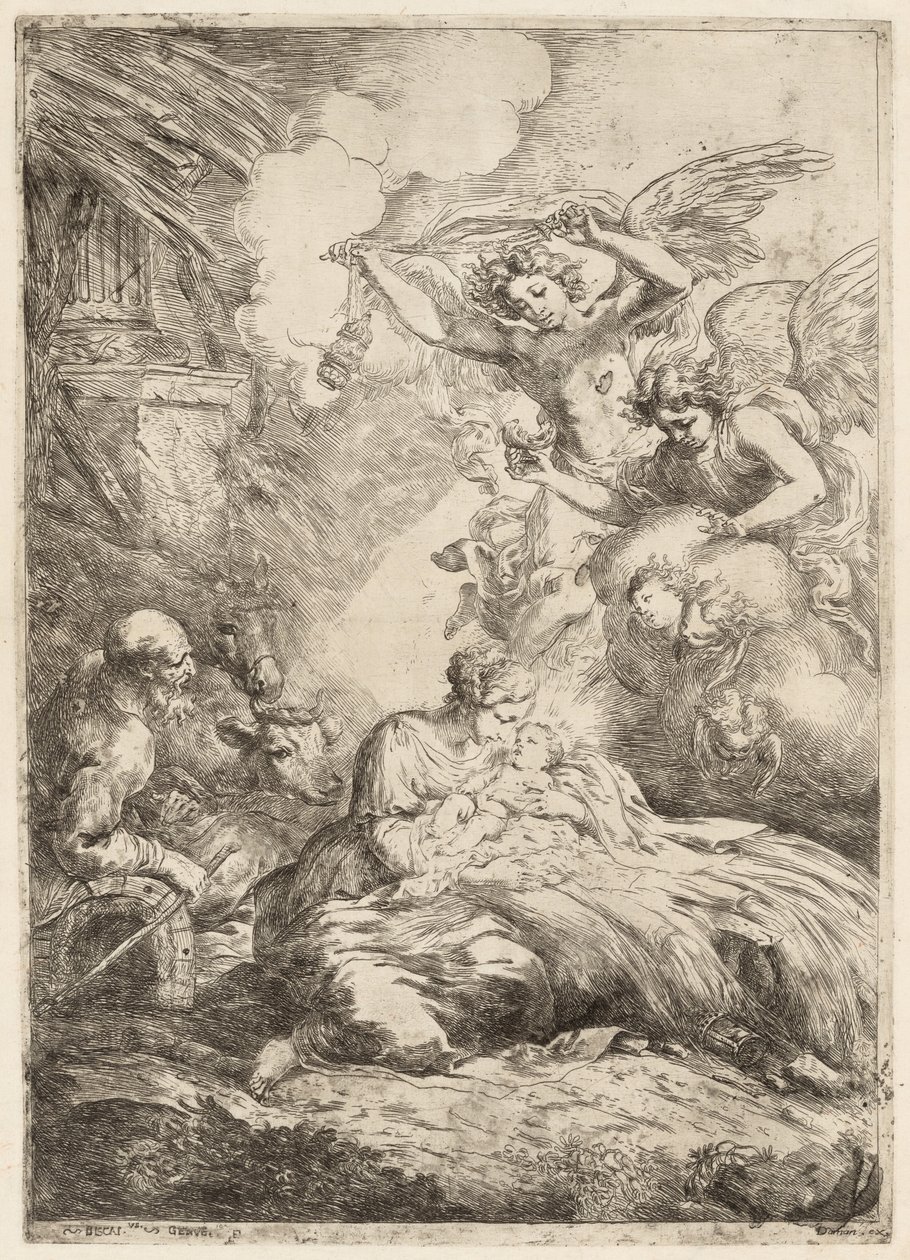 Den hellige familie tilbedt af engle Den store fødsel, ca. 1655. af Bartolomeo Biscaino