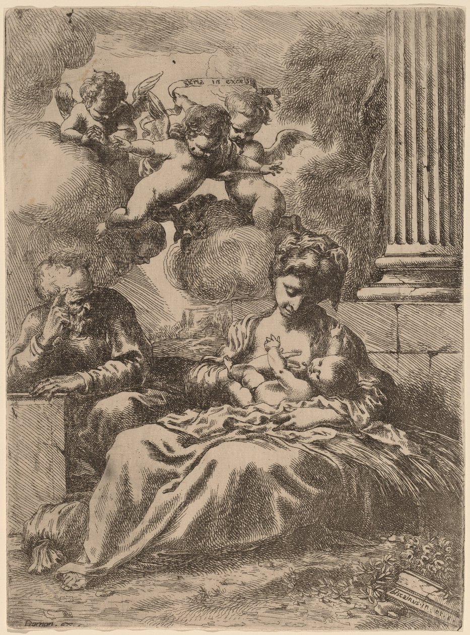 Den hellige familie ved en kolonne, ca. 1655. af Bartolomeo Biscaino