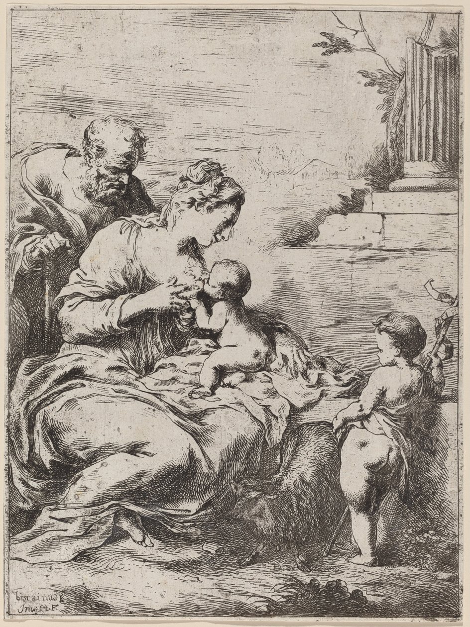 Den hellige familie med Sankt Johannes. af Bartolomeo Biscaino