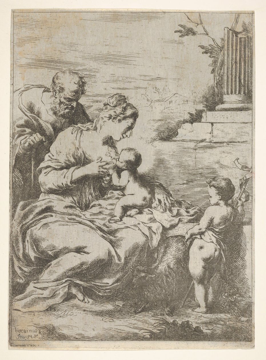 Den hellige familie med spædbarnet Johannes Døberen til højre, 1650-57. af Bartolomeo Biscaino