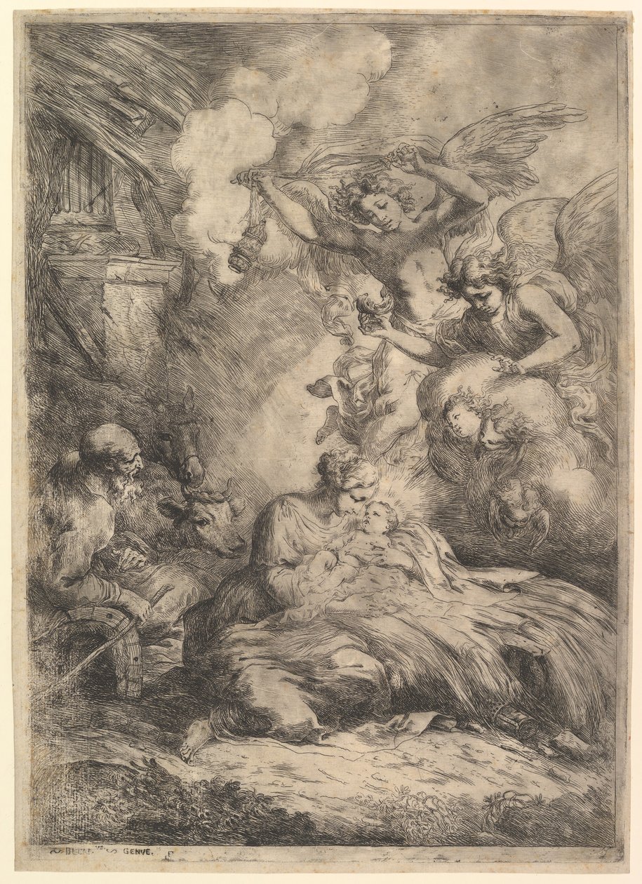 Fødselen med engle, 1650-57. af Bartolomeo Biscaino