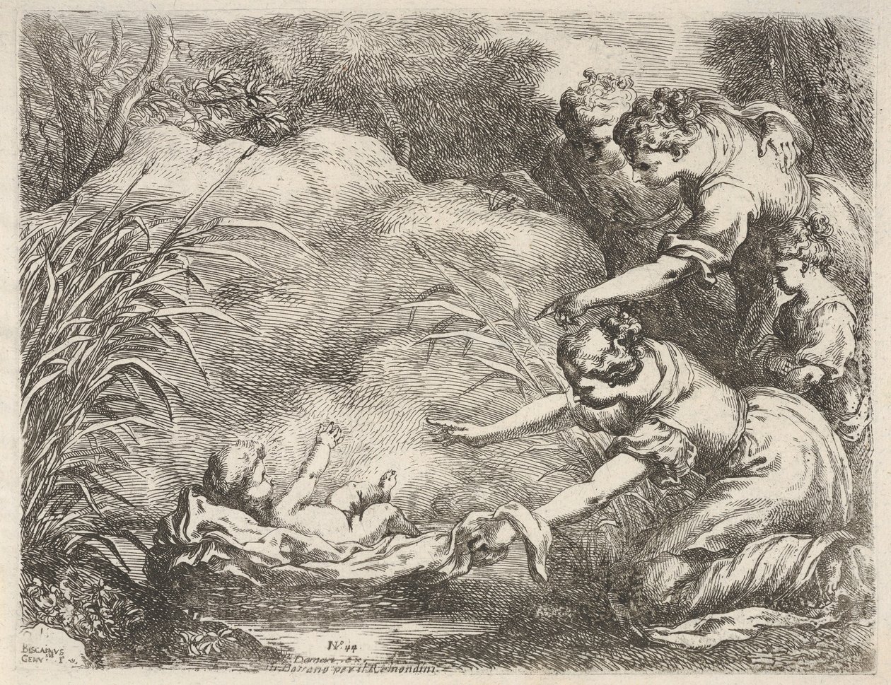 Fundet af Moses, der bliver reddet fra Nilen af Faraos datters tjenestepiger, 1650-57. af Bartolomeo Biscaino