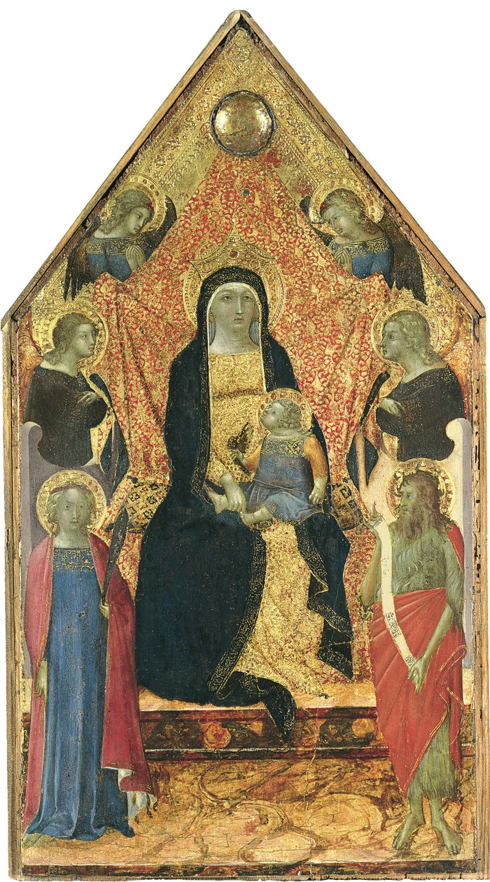 Jomfruen og barnet tronede mellem fire engle og hellige af Bartolomeo Bulgarini