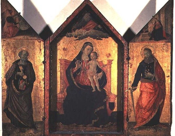 Madonna og barn med St. Johannes Døberen og apostlen Peter (tempera og bladguld på panel) af Bartolomeo Caporali