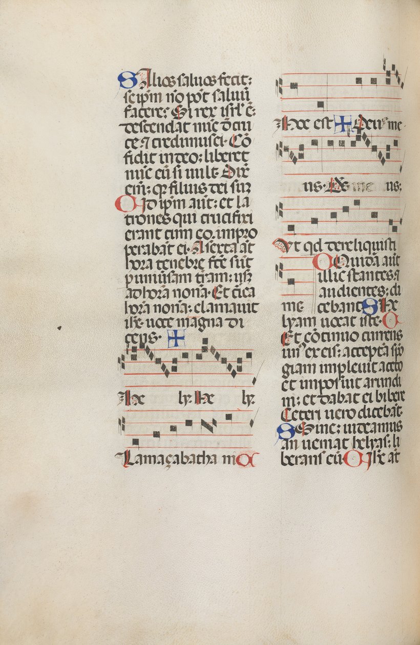 Missale: Fol. 121v: indeholder musik til Hely Hely Lama etc. i St. Mattion Passion, 1469. af Bartolomeo Caporali