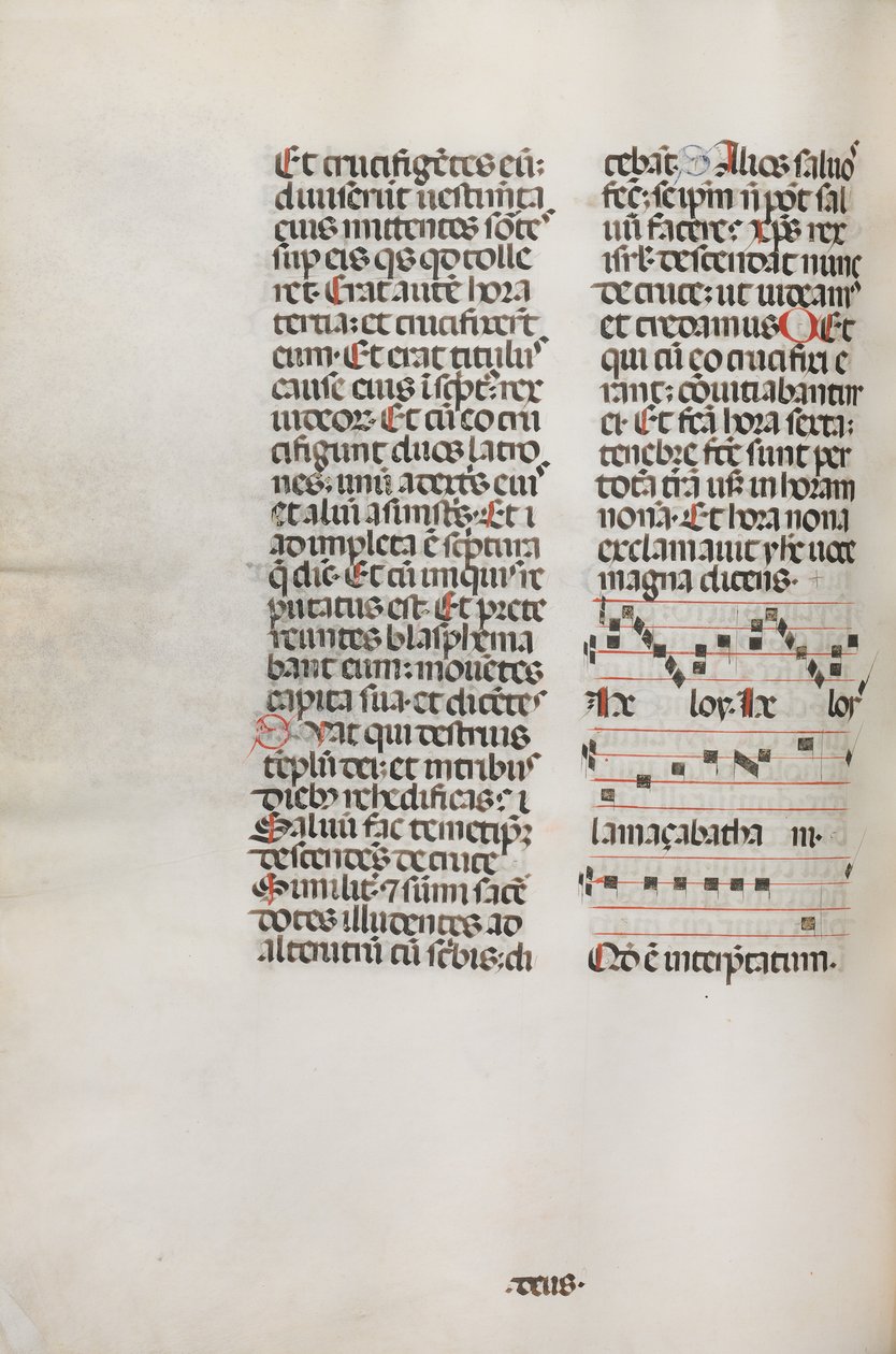 Missale: Fol. 128v: indeholder musik til Hely Hely Lama etc. indenfor St. Mattion Passion, 1469. af Bartolomeo Caporali