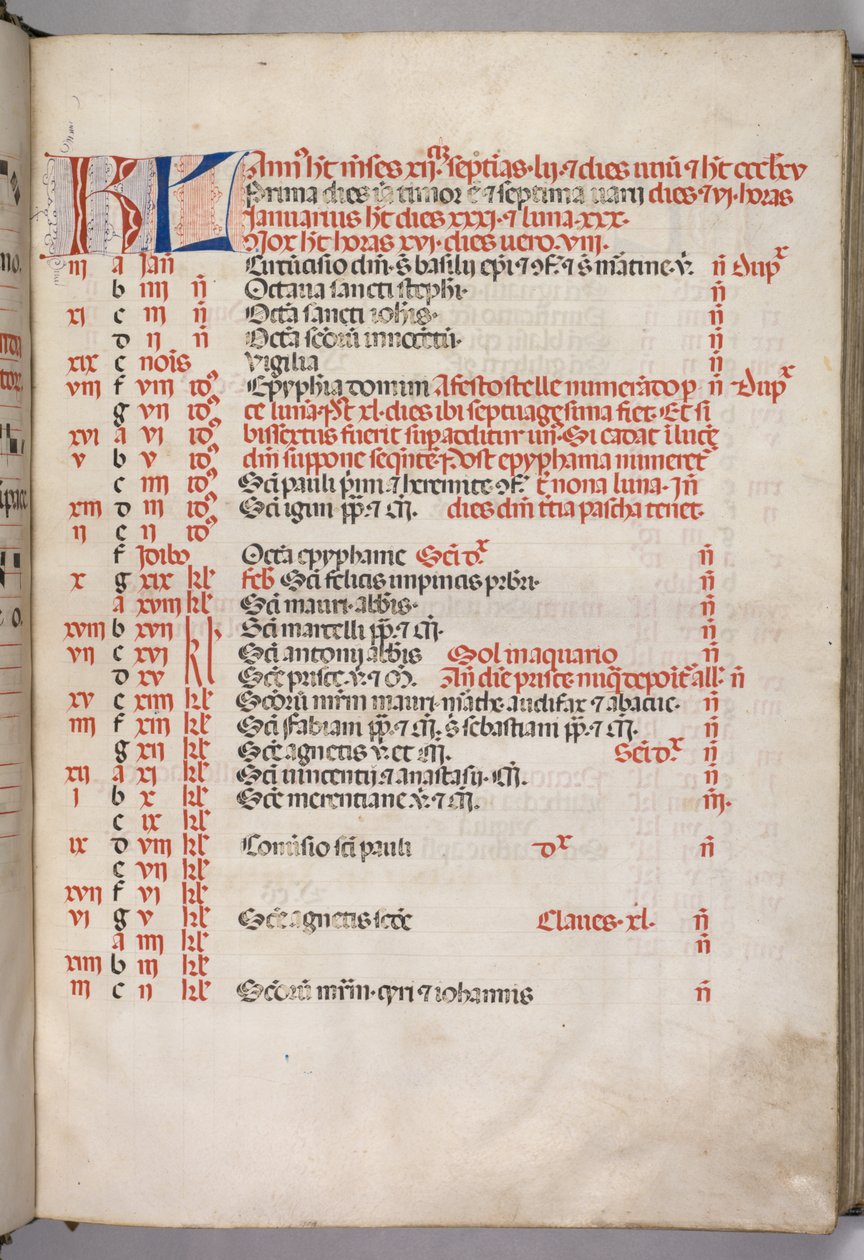 Missale: Fol. 3r: Januar kalenderside, 1469. af Bartolomeo Caporali