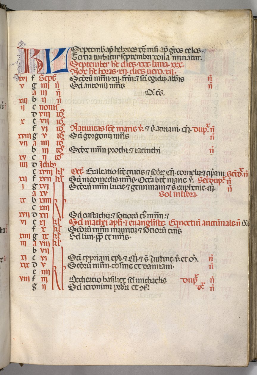 Missale: Fol. 7r: September kalenderside, 1469. af Bartolomeo Caporali